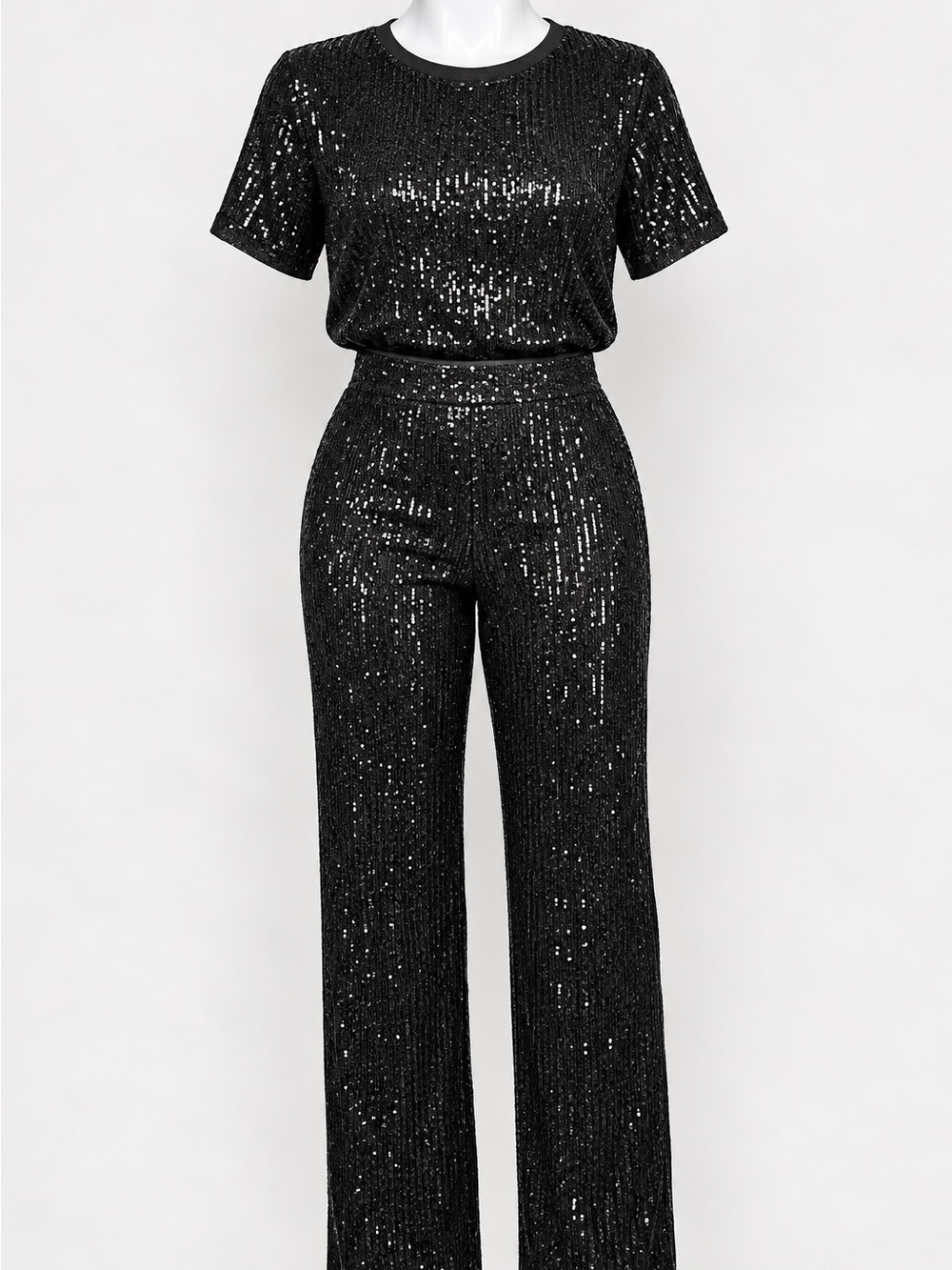 Black Sequin 2 Piece Top Wide Leg Pants Party Set